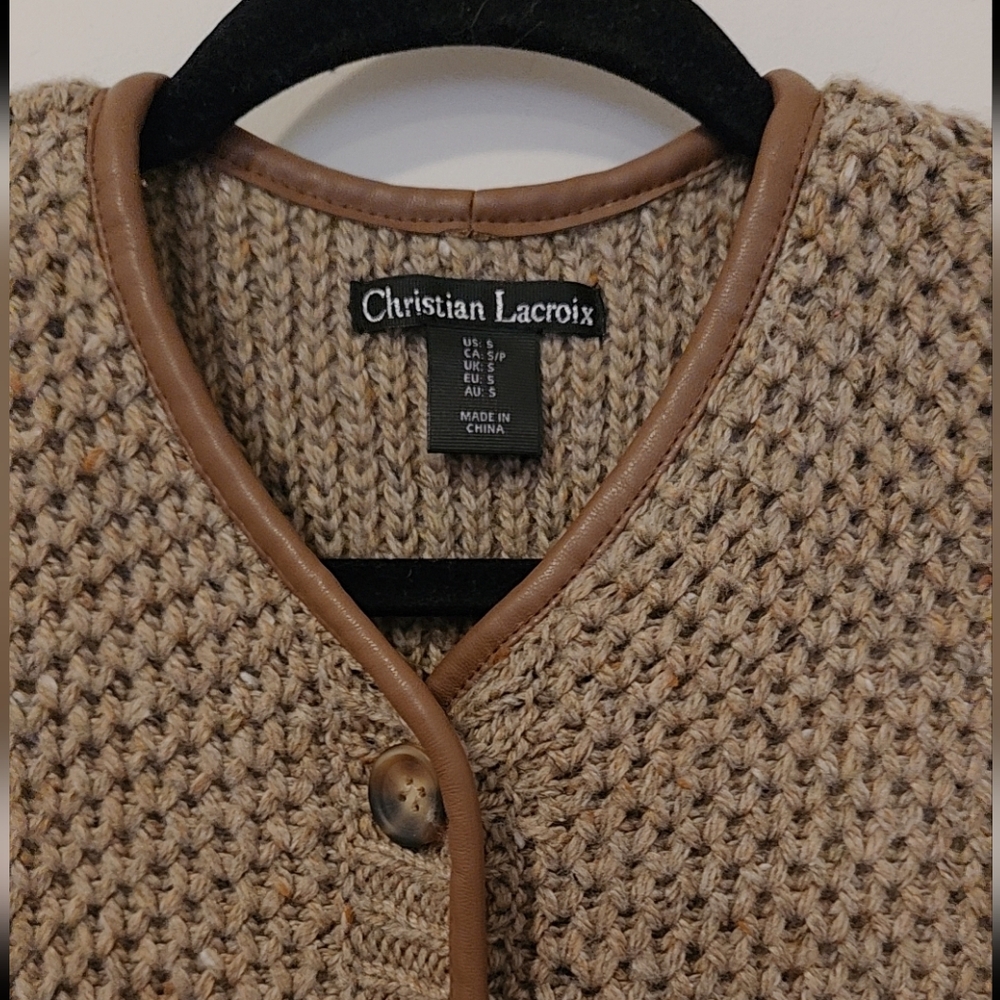 Christian Tan Knit Cardigan with Brown Trim - Picture 3 of 4